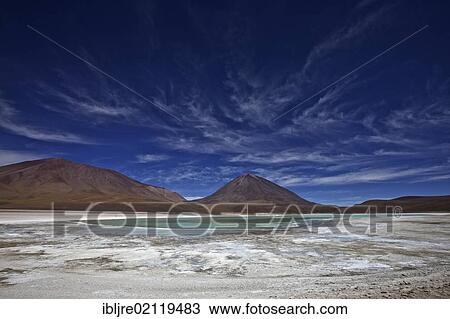 Stock Image - Laguna Verde, Licancabur Volcano 5920m, The People's Mountain, Andina Eduardo Abaro National Park, Altiplano, Potosi, southern Bolivia, South America. Fotosearch