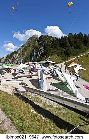 Stock Photo - Launching site for hang gliders, paragliders, Mt Tegelberg, Upper Bavaria, Bavaria, Germany, Europe, PublicGround, Europe. Fotosearch