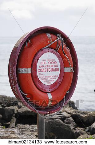 Stock Image - Lifebuoy, Whitehead, County Antrim, Northern Ireland, United Kingdom, Europe, PublicGround, Europe. Fotosearch