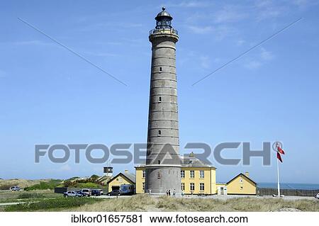 Stock Image - Lighthouse at the northernmost point of Denmark where the North Sea and the Baltic Sea meet, Skagen, Jutland, Denmark, Europe. Fotosearch