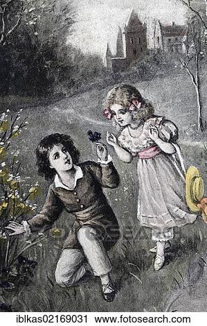 Little boy picking violets for a little girl, historical postcard, circa 1900, kitsch View Large Photo Image Stock Image - Little boy picking violets for a little girl, historical postcard, circa 1900, kitsch. Fotosearch