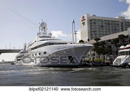Stock Image - Luxury yacht Pegasus moored in front of the Hilton Hotel in Fort Lauderdale, Florida, USA, North America. Fotosearch