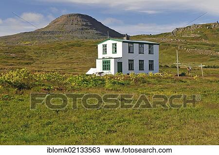 Stock Image - Læknishúsið, the old house of the doctor, Hesteyri, Hesteyrarfjoerður or Joekulfirðir, Hornstrandir hiking paradise, Westfjords, Iceland, Europe. Fotosearch