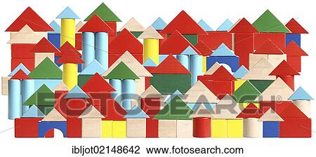 Stock Image - Many houses made of toy blocks, symbolic image living for in the city. Fotosearch