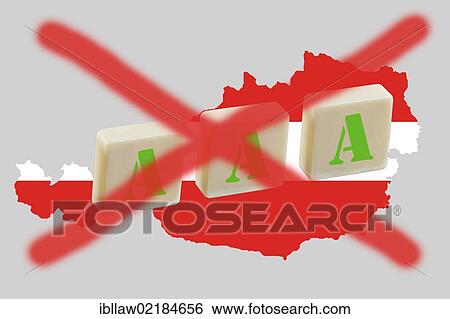 Stock Photograph - Map of Austria with lettering AAA crossed out, symbolic image for the loss of the triple A rating for Austria, rating of the rating agencies. Fotosearch