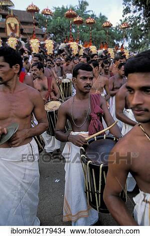 Picture - Maras or drummers, musicians, Hindu Pooram Festival, Thrissur, Kerala, South India, India, Asia. Fotosearch