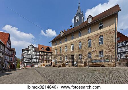 Stock Photo - Marketplace and town hall of the medieval town with half-timbered buildings, Spangenberg, Schwalm Eder district, Hesse, Germany, Europe, PublicGround, Europe. Fotosearch