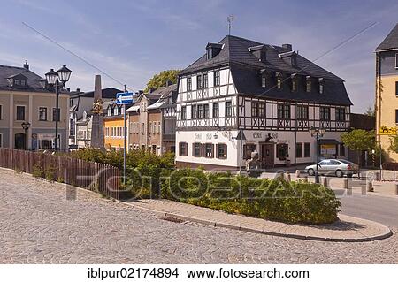 Picture - Marketplace with Hotel Ross and the post mile pillar, Zwoenitz, Saxony, Germany, Europe. Fotosearch
