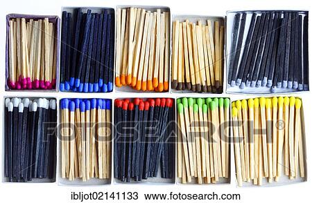 Stock Image - Matches in matchboxes, with different coloured match heads and sticks. Fotosearch