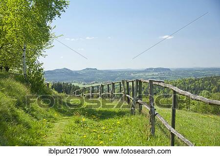 Stock Image - Meadow path to Hankehuebel Mountain, Gossdorf, Saxon Switzerland, Saxony, Germany, Europe. Fotosearch