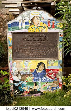 Stock Image - Memorial stone commemorating the visit of the painter Paul Gauguin on the island of Isla Taboga, Panama, Central America, North America. Fotosearch