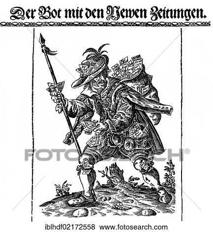 Messenger with new newspapers, seller of caricatures and pamphlets from the 16th century View Large Photo Image Stock Photo - Messenger with new newspapers, seller of caricatures and pamphlets from the 16th century. Fotosearch