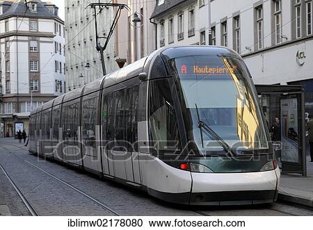 Stock Image - Modern tram, Place Gutenburg square, Strasbourg, Bas-Rhin department, Alsace, France, Europe, PublicGround, Europe. Fotosearch