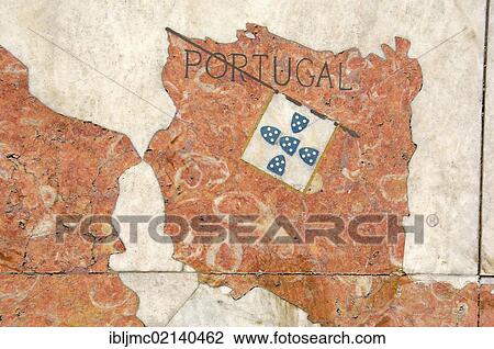 Stock Image - Monument to the Discoveries, Padrao dos Descobrimentos, mosaic decoration showing a world map, Belem, Lisbon, Portugal, Europe. Fotosearch