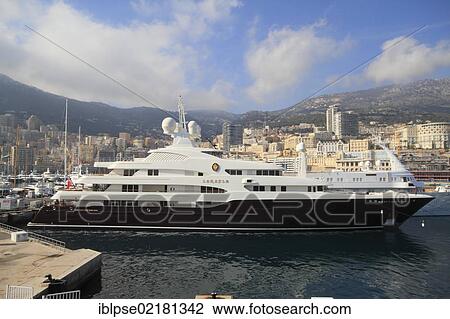 Stock Image - Motor yacht "Sarafsa", 82m, built in 2008 by Devenport Yachts, now Pendennis Plus, in Port Hercule, Monaco, Côte d'Azur, Mediterranean, Europe. Fotosearch