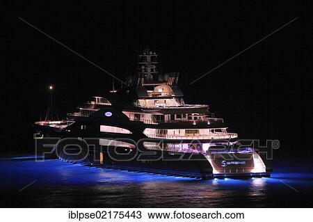 Motoryacht "Serene", 133. 9m, built in 2011 by yacht builder Fincantieri Yachts and owned by Yuri Scheffler, at night, Côte d'Azur, Monaco, France, Mediterranean, Europe View Large Photo Image Stock Image - Motoryacht "Serene", 133. 9m, built in 2011 by yacht builder Fincantieri Yachts and owned by Yuri Scheffler, at night, Côte d'Azur, Monaco, France, Mediterranean, Europe. Fotosearch