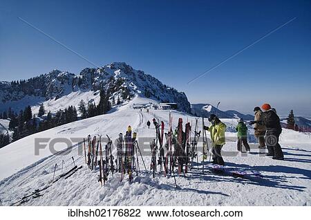 Mountain station "Kampenwandbahn", with skis upright in the snow, skiers fetching their skis, Aschau, Chiemgau region, Bavaria, Germany, Europe View Large Photo Image Stock Image - Mountain station "Kampenwandbahn", with skis upright in the snow, skiers fetching their skis, Aschau, Chiemgau region, Bavaria, Germany, Europe. Fotosearch