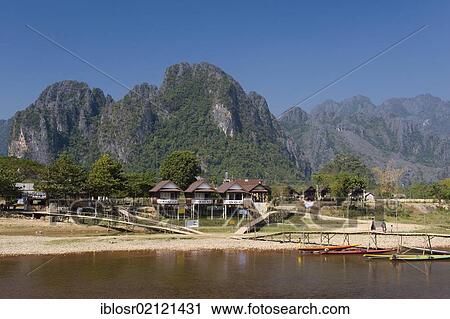 Stock Image - Nam Song River, karst mountains, Vang Vieng, Vientiane, Laos, Indochina, Asia. Fotosearch