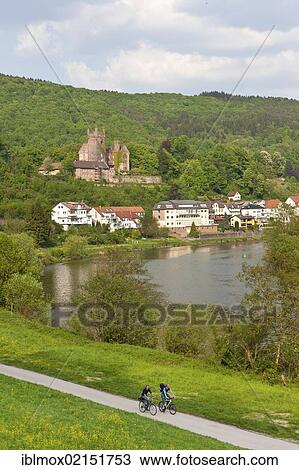 Stock Image - Neckarsteinach, Mittelburg Castle, Vierburgeneck, Neckar River, Neckartal-Odenwald Nature Reserve, Hesse, Germany, Europe, PublicGround, Europe. Fotosearch