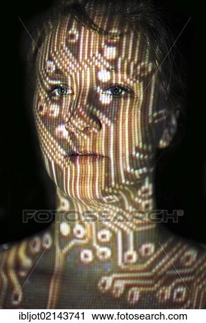 Stock Image - Networked woman, symbolic image for networking. Fotosearch
