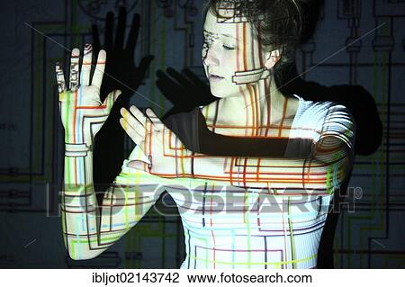 Stock Image - Networked woman, symbolic image for networking. Fotosearch