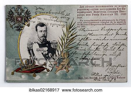 Stock Photo - Nicholas II, Russian Czar, historical postcard with double-headed eagle on coat of arms, coloured, with writing, circa 1914. Fotosearch