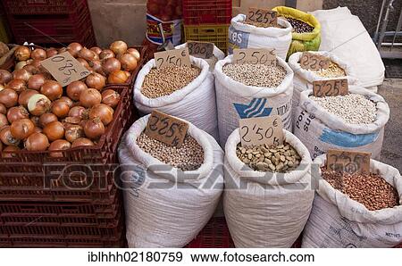 Stock Photo - Onions, dried legumes, weekly market, Sineu, Majorca, Balearic Islands, Spain, Europe. Fotosearch