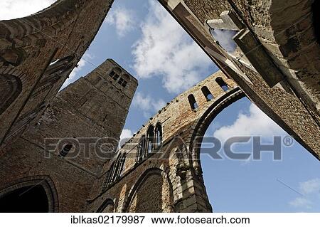 Stock Photo - Onze-Lieve-Vrouwkerk, Church of Our Lady, ruins of the nave, Damme, West Flanders, Belgium, Europe. Fotosearch