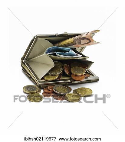 Stock Photo - Open clip wallet filled with euro coins and bills. Fotosearch