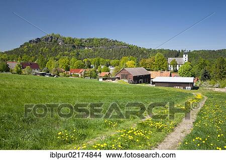 Picture - Overlooking the village of Papstdorf with Papststein mountain, Elbe Sandstone Mountains, Saxony, Germany, Europe. Fotosearch