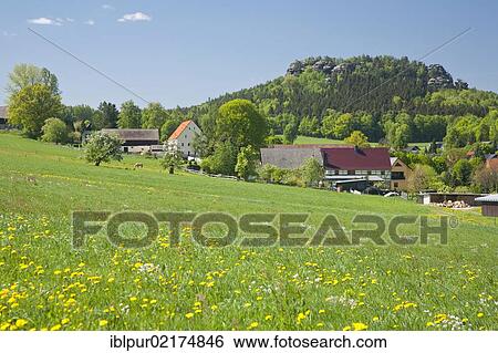 Overlooking the village of Papstdorf with Gohrisch mountain, Elbe Sandstone Mountains, Saxony, Germany, Europe View Large Photo Image Stock Photograph - Overlooking the village of Papstdorf with Gohrisch mountain, Elbe Sandstone Mountains, Saxony, Germany, Europe. Fotosearch