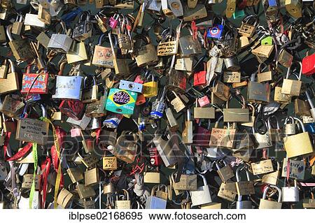 Stock Photography - Padlocks on the bridge Pont de l'Archevêché, Paris, France, Europe. Fotosearch