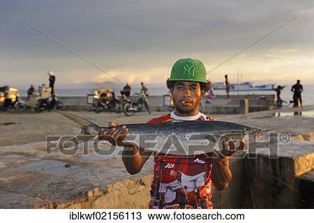 Stock Image - Papuan man with a helmet gutting fish for customers, Kota Biak fish market, Biak Island, Irian Jaya, Indonesia, Southeast Asia, Asia. Fotosearch