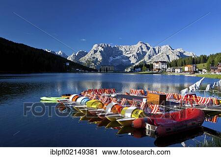 Stock Image - Pedal boats, Lago Misurina lake, Misurina, Alto Adige, Italy, Europe. Fotosearch
