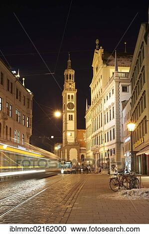 Perlachturm tower with the town hall and a tram at night, Augsburg, Swabia, Bavaria, Germany, Europe View Large Photo Image Stock Image - Perlachturm tower with the town hall and a tram at night, Augsburg, Swabia, Bavaria, Germany, Europe. Fotosearch