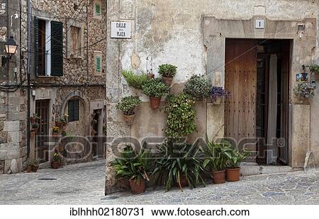 Stock Image - Plants outside the door, Valldemossa, Majorca, Balearic Islands, Spain, Europe. Fotosearch