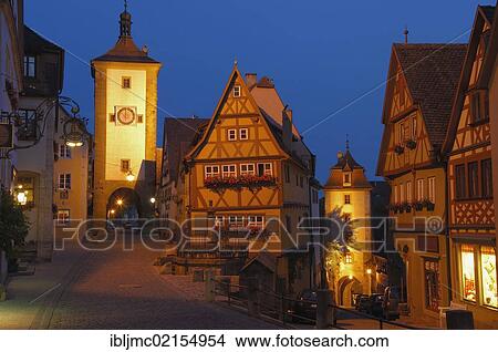 Picture - Ploenlein corner, Siebersturm and Kobolzeller Tor towers, Rothenburg ob der Tauber, Romantische Strasse, Romantic Road, Franconia, Bavaria, Germany, Europe. Fotosearch