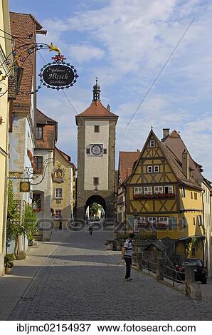 Stock Photo - Ploenlein corner, Siebersturm tower, Rothenburg ob der Tauber, Romantische Strasse, Romantic Road, Franconia, Bavaria, Germany, Europe. Fotosearch
