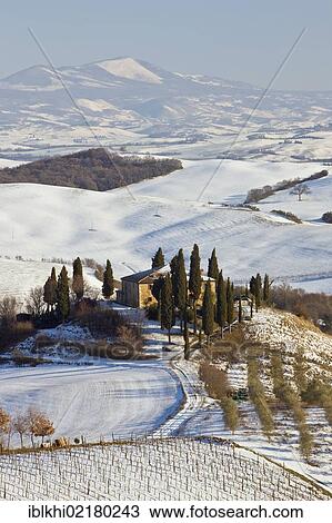 Stock Image - Podere Belvedere in winter, San Quirico d'Orcia, Tuscany, Italy, Europe, PublicGround, Europe. Fotosearch