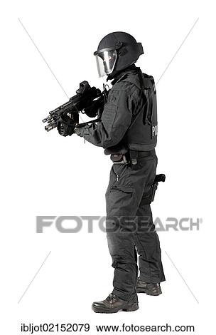 Police, Special Task Force, SEK, officer wearing full protective uniform holding a Heckler & Koch MP5 submachine gun View Large Photo Image Stock Photo - Police, Special Task Force, SEK, officer wearing full protective uniform holding a Heckler & Koch MP5 submachine gun. Fotosearch