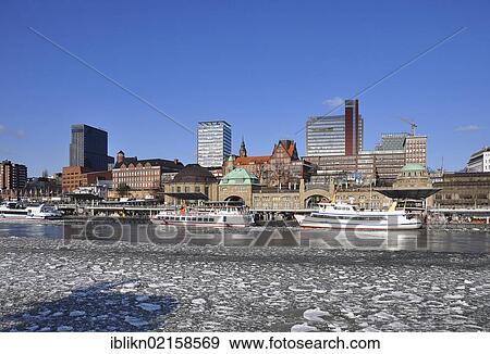 Stock Photo - Port of Hamburg in the winter, Hamburg, Germany, Europe. Fotosearch
