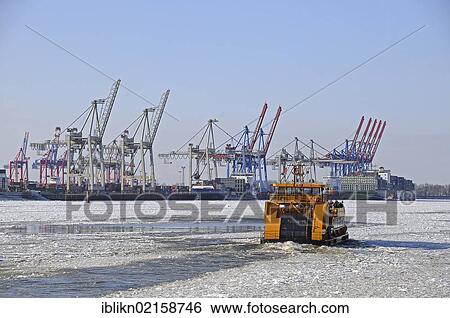 Stock Photograph - Port of Hamburg in the winter, Hamburg, Germany, Europe. Fotosearch