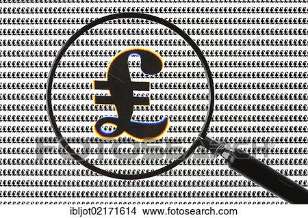 Picture - Pound symbol, currency symbol of the British pound, through a magnifying glass. Fotosearch