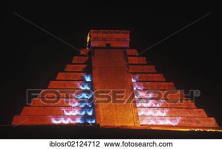 Pyramid of Kukulkan, illuminated red at night, Mayan ruins of Chichen Itza, Yucatan, Mexico, North America View Large Photo Image Stock Image - Pyramid of Kukulkan, illuminated red at night, Mayan ruins of Chichen Itza, Yucatan, Mexico, North America. Fotosearch