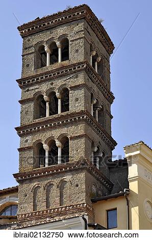 Stock Image - Romanesque bell tower, campanile, 13th Century, Chiesa di San Paolo Apostolo church, mountain town of Genazzano, Lazio, Italy, Europe. Fotosearch