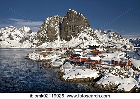 Stock Photography - Rorbuer, traditional wooden houses, Reine, Lofoten Island of Moskenesøya, Lofoten Islands, North Norway, Norway, Europe. Fotosearch