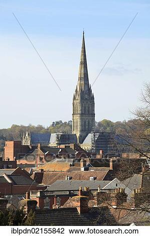 Stock Image - Salisbury Cathedral seen across rooftops, England, United Kingdom, Europe. Fotosearch
