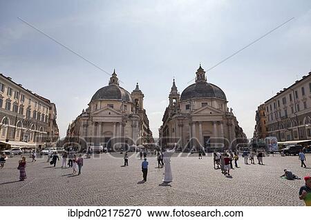 Stock Image - Santa Maria dei Miracoli and Santa Maria di Montesanto in the Piazza del Popolo, Rome, Lazio, Italy, Europe. Fotosearch