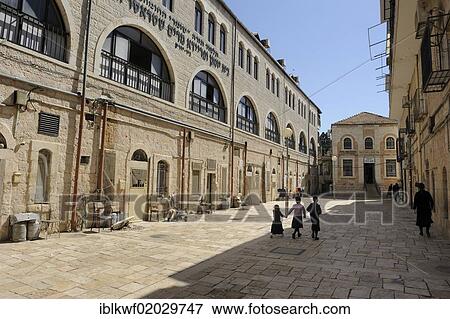 Stock Photo - School in the district of Me'a She'arim or Mea Shearim, Jerusalem, Israel, Middle East, Asia. Fotosearch