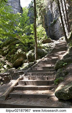 Stock Photo - Schwedenloecher hiking path, stairs leading to the bastion, Rathen, Saxon Switzerland, Saxony, Germany, Europe. Fotosearch